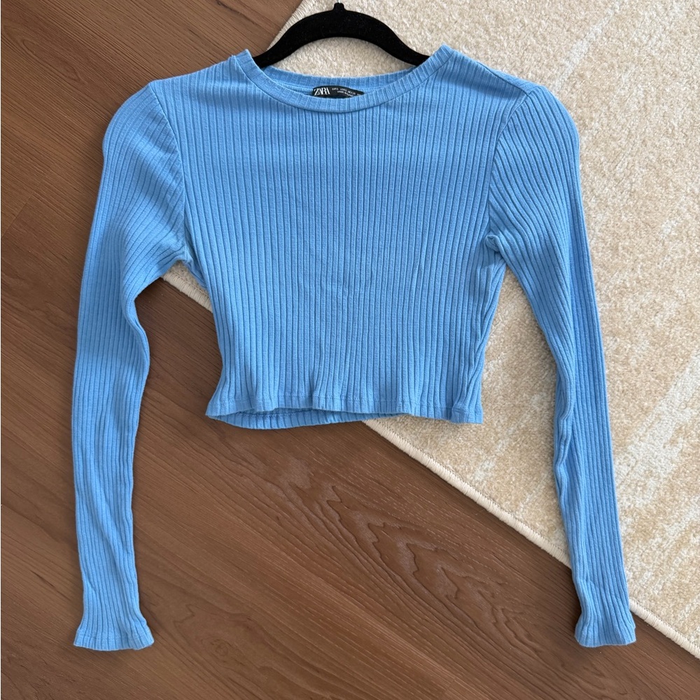 Zara Sky Blue Ribbed Crop Top